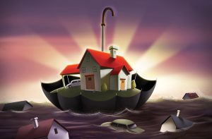 Illustration of a house with a red roof sitting on an open umbrella floating above floodwaters. Surrounding the umbrella are submerged cars and houses, with a glowing sunrise in the background.